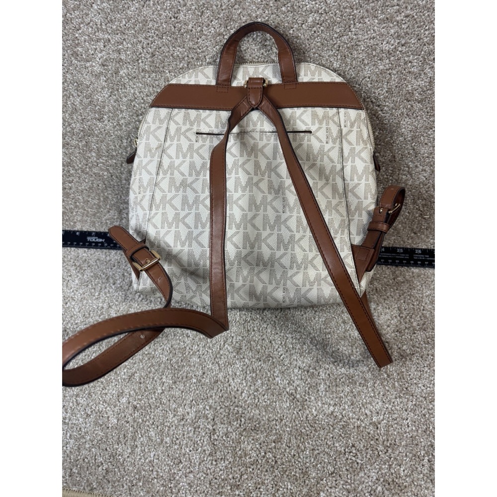 Michael Kors Abbey Medium Backpack Signature Logo White Acorn Brown Leather - Picture 5 of 9